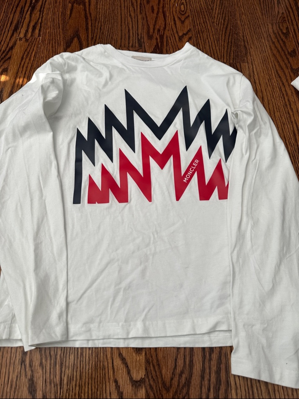 Moncler White Long Sleeve Tee with Red & Navy Zigzag Graphic